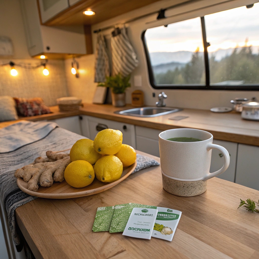 tiny kitchen with fat burning drink ingredients on counter