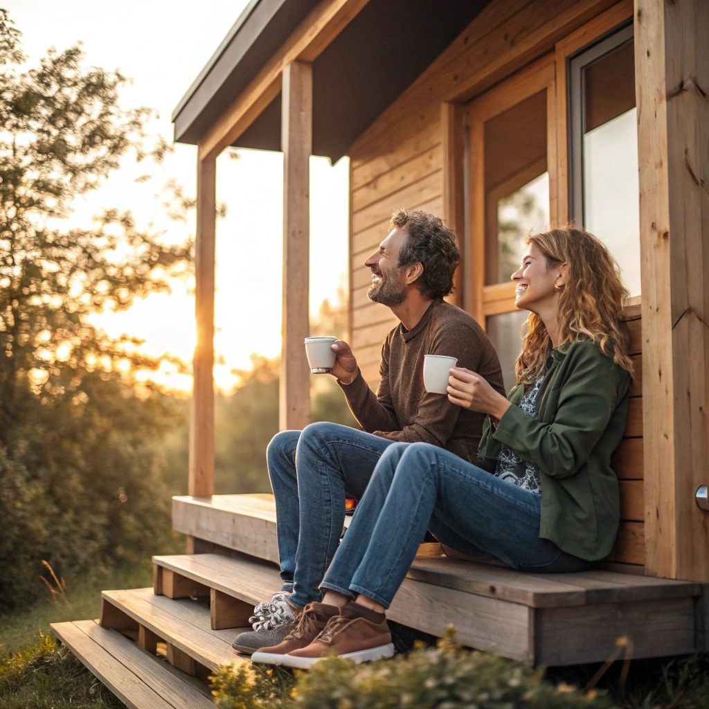 couple enjoying prefab tiny home porch
