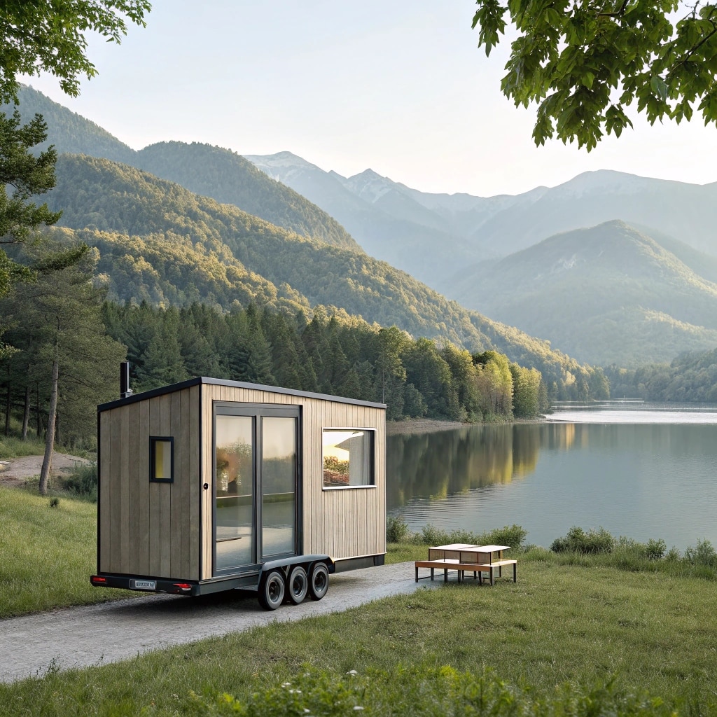 mobile prefab tiny home parked near lake