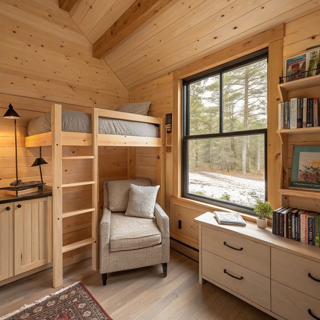 Interior of bunkie with loft bed