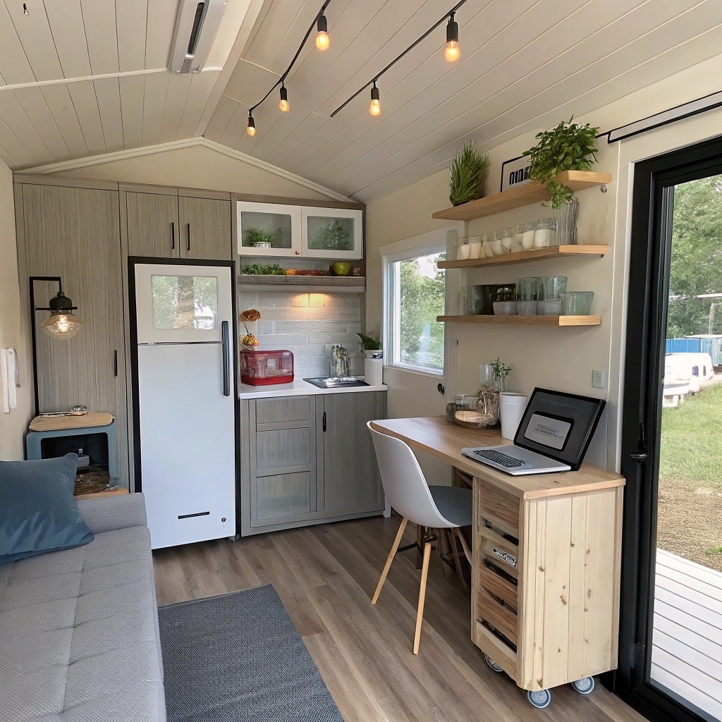prefab tiny home interior with compact kitchen
