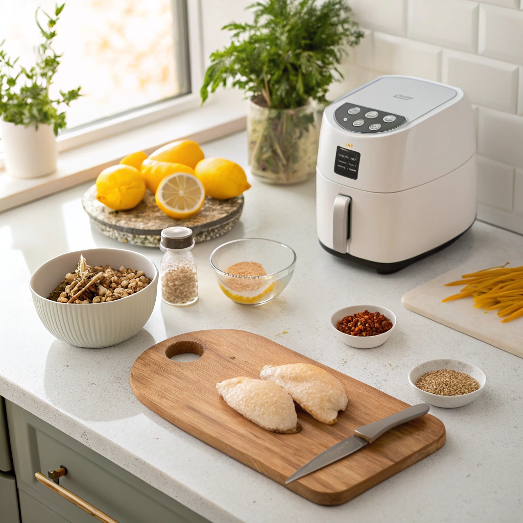 Ingredients for air fryer lemon chicken bites in a tiny kitchen