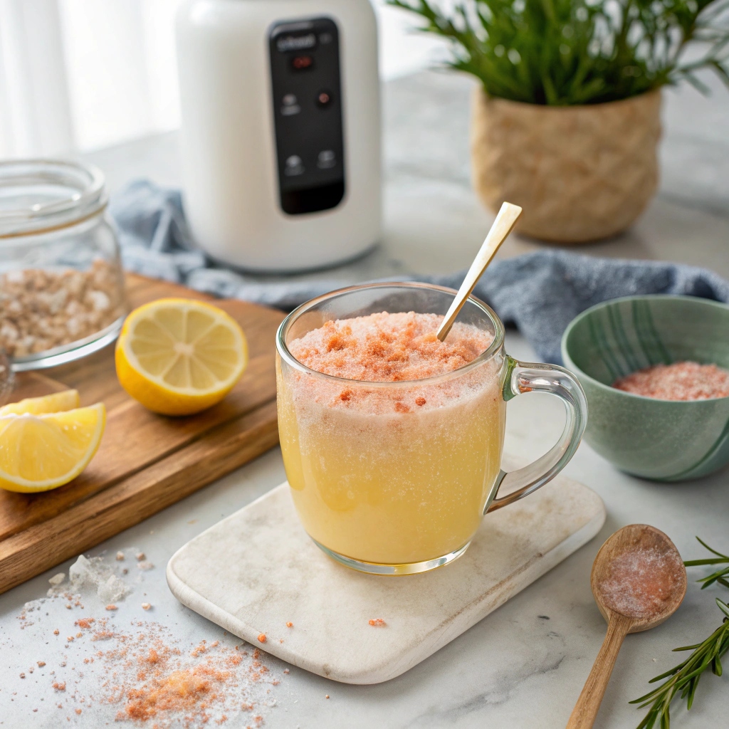 preparing pink salt trick recipe in glass mug